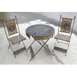 A German garden bistro set, comprising circular table and two chairs,