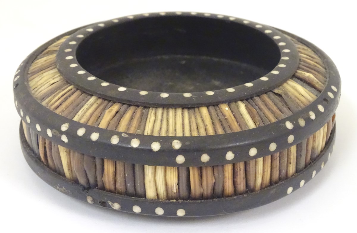 An early 20thC circular dish / bowl with porcupine quill decoration. Approx. - Image 5 of 6