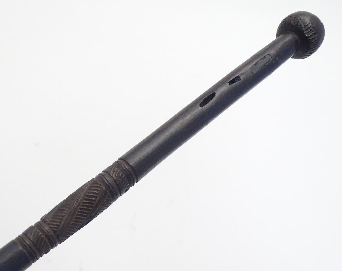 A carved hardwood tribal walking stick / cane, - Image 4 of 5
