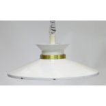 Vintage Retro: A Danish (Scandi) hanging pendant rise and fall lamp / light with white and brass