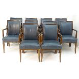 A set of ten mid / late 20thC blue leather open armchairs,