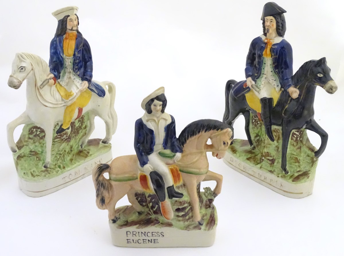 Three Victorian Staffordshire pottery flatback figures on horseback, to include Dick Turpin, - Image 3 of 12