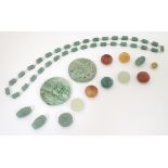 A jade necklace set with rectangular beads and pearls approx 28" long together with 2 carved jade