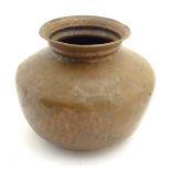 Decorative Metalware: A copper pot of squat form with a flared rim. Approx. 4 1/4" high.