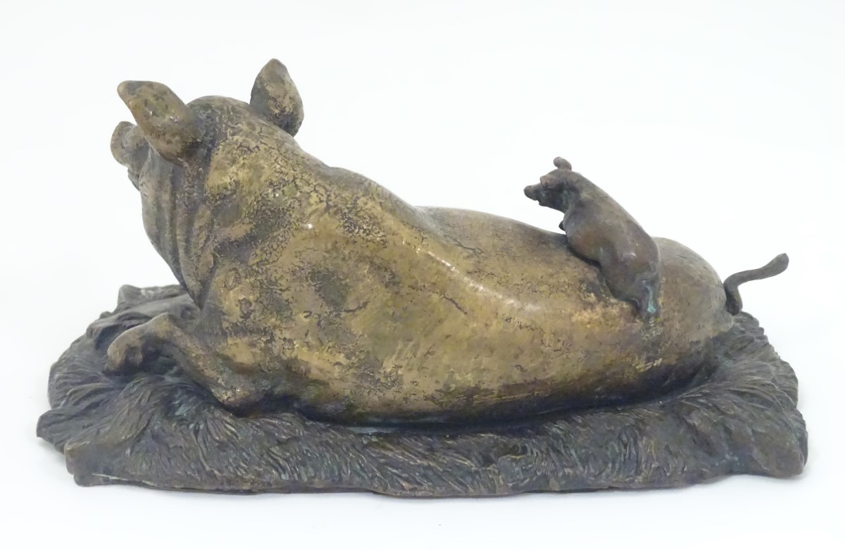 A bronze model of a recumbent pig with piglets on a base modelled as a bed of straw. Approx. - Image 5 of 5