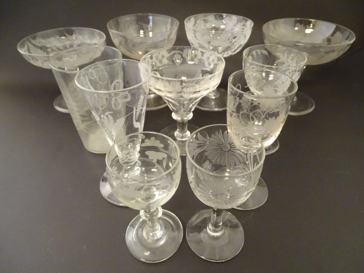 Assorted 19thC / early 20thC glassware including pedestal glasses with etched decoration etc - Image 3 of 7