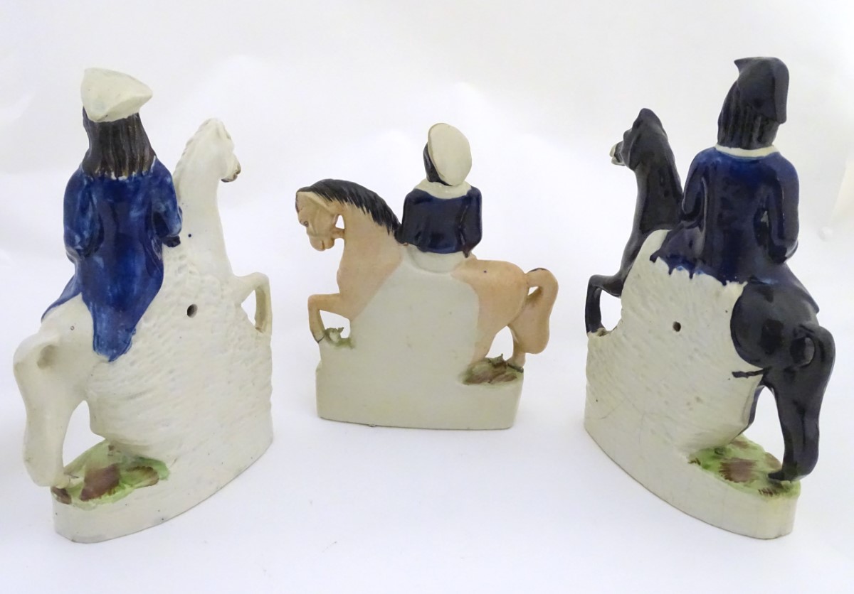 Three Victorian Staffordshire pottery flatback figures on horseback, to include Dick Turpin, - Image 8 of 12
