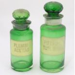 Two 20thC green glass pharmacy / chemist / apothecary bottles, one labelled Plumbi Acetas,