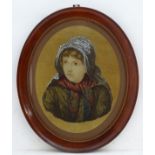 A Victorian wool and bead work depicting a portrait of a woman, within an oval frame. Approx.