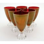 Retro Glass : a set of 1950's 6 red glasses with gilt line decoration to the joint of glass and