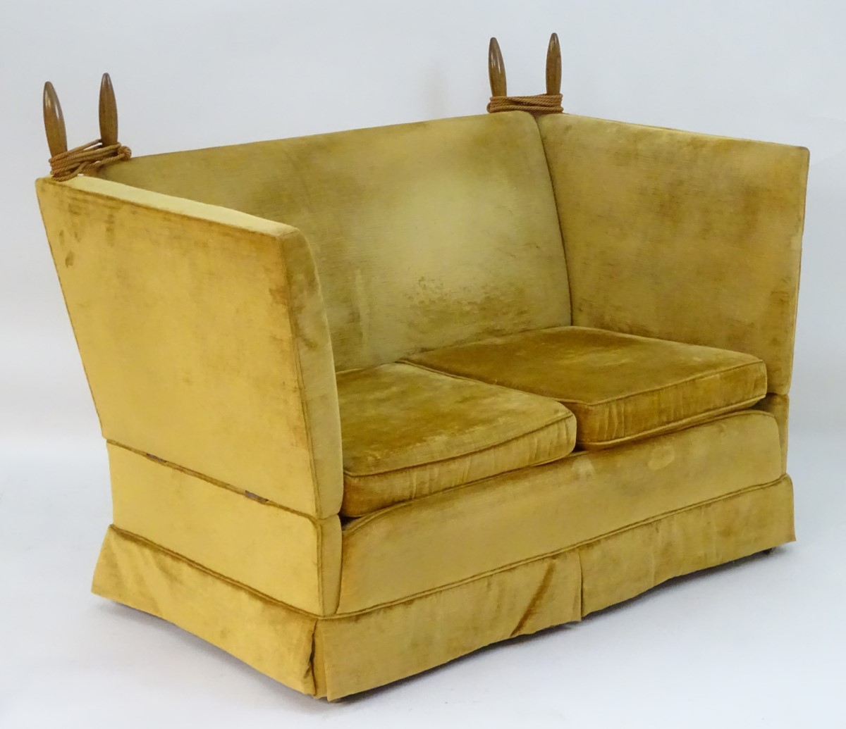 A mid / late 20thC two seater knole sofa with turned walnut finials and drop ends. - Image 5 of 6