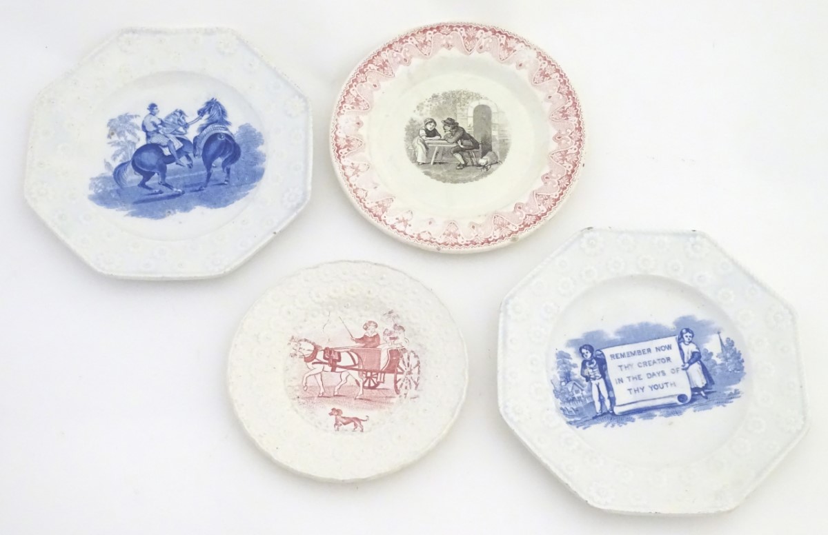 Four assorted Victorian nursery and ecclesiastes transferware plates.