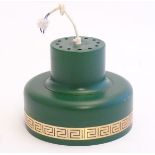 A vintage retro pendant light, in exterior green finish with gilt Greek key band,