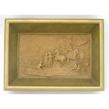 A carved / moulded composite relief scene depicting figures in a landscape with horses, dogs etc.