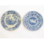 Two 19thC blue and white Spode plates, one decorated with a Grecian pattern,