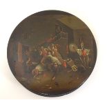 A 19thC papier mache and lacquered circular table snuff box with painted decoration depicting an