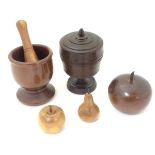 Assorted 19thC and later treen wares, to include a pestle and mortar, a caddy formed as an apple,