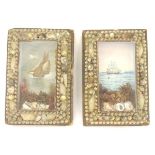 Two 19thC folk art sailors valentine easel back dioramas in shadow box frames depicting boat scenes,