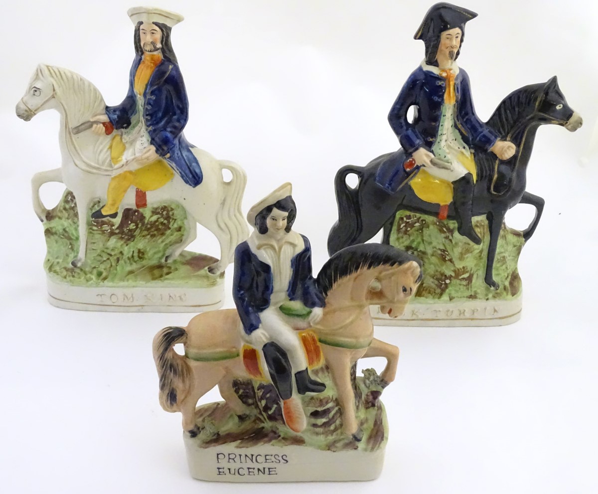 Three Victorian Staffordshire pottery flatback figures on horseback, to include Dick Turpin,