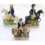 Three Victorian Staffordshire pottery flatback figures on horseback, to include Dick Turpin,