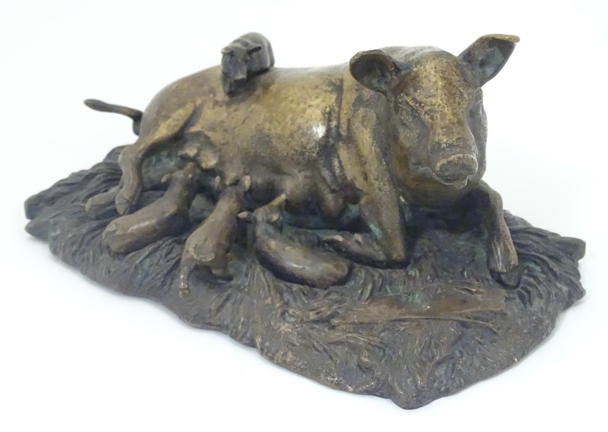 A bronze model of a recumbent pig with piglets on a base modelled as a bed of straw. Approx. - Image 3 of 5