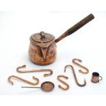 An early 20thC lidded copper pot with a wooden handle, marked Willis Bar, together with 5 S hooks,
