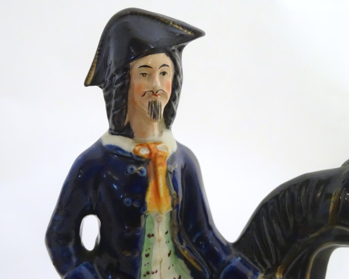 Three Victorian Staffordshire pottery flatback figures on horseback, to include Dick Turpin, - Image 2 of 12