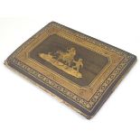 A 19thC Sorrento ware velvet lined blotter with marquetry decoration depicting figures on horseback