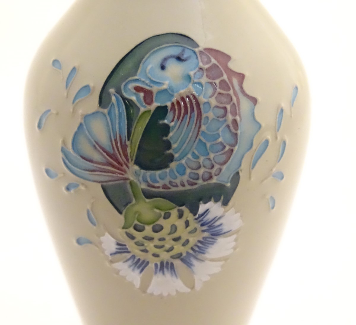 A Moorcroft vase in the shape no. 93/12 decorated with a fish and thistle design. - Image 4 of 8
