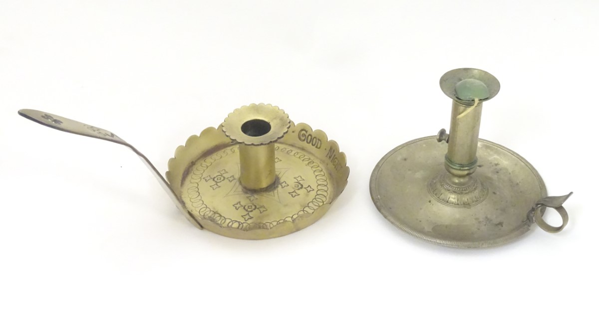 A Victorian chamberstick with engraved decoration and inscribed Good Night, together with another. - Image 3 of 4