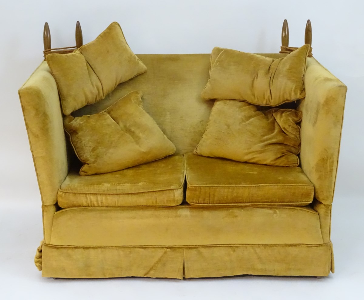 A mid / late 20thC two seater knole sofa with turned walnut finials and drop ends. - Image 3 of 6