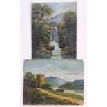 English School, XIX-XX, Oil on card, x2, A mountainous river landscape with a moored boat,