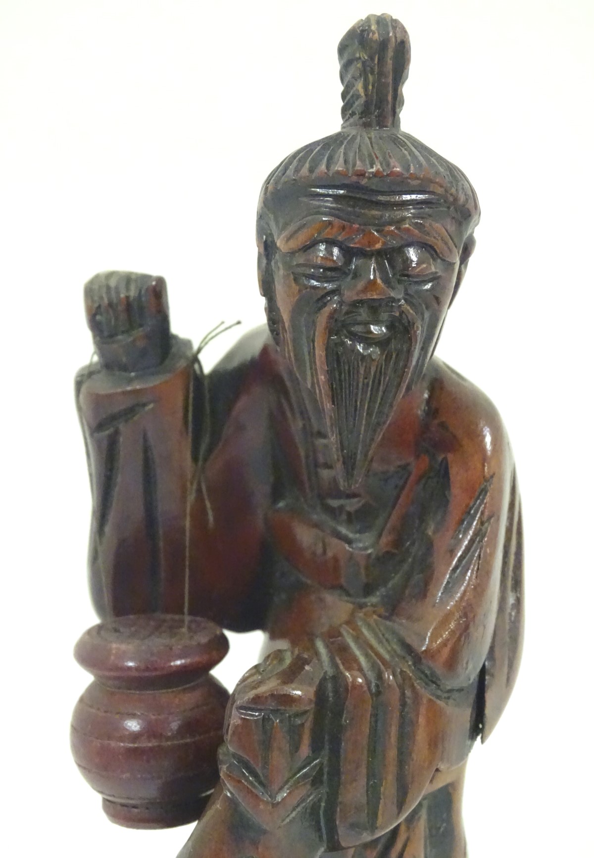 Three assorted oriental items, to include a carved figure with a fish and hanging pot, - Image 2 of 7