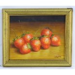 Tom Caspers XX, Oil on canvas laid on board, Still life of fruit, strawberries on a table,