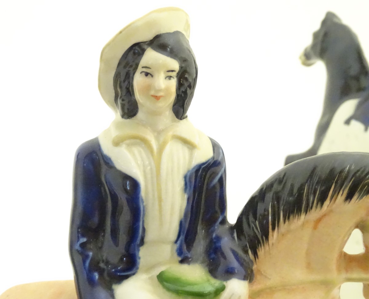 Three Victorian Staffordshire pottery flatback figures on horseback, to include Dick Turpin, - Image 11 of 12