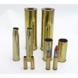 Militaria: an array of 20thC artillery and cannon shell cases, including M14s, 37-25 anti-tank,