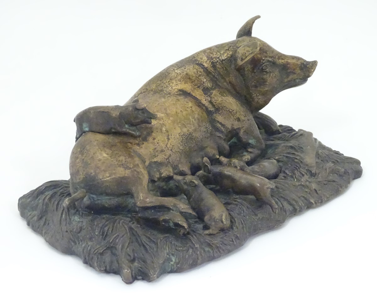 A bronze model of a recumbent pig with piglets on a base modelled as a bed of straw. Approx. - Image 4 of 5