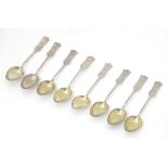 Chinese Export Silver : 8 teaspoons with foliate and bird decoration and gilded bowls 4 1/2" long