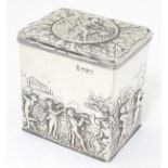 A silver caddy / hinged lidded box decorated with figures, centaur,