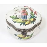 A Continental enamel box of trefoil form with a hinged lid and hand painted decoration.