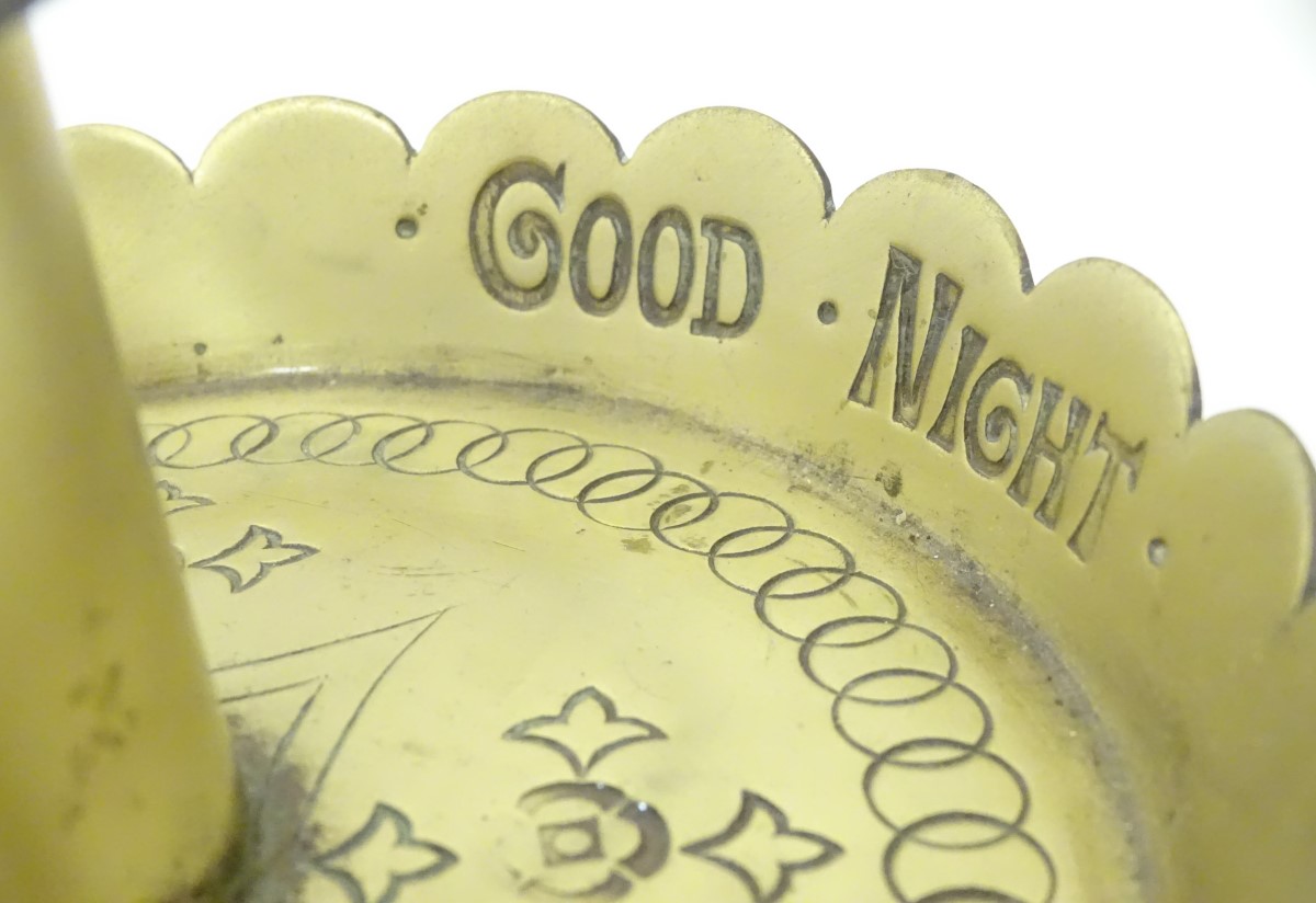 A Victorian chamberstick with engraved decoration and inscribed Good Night, together with another. - Image 4 of 4