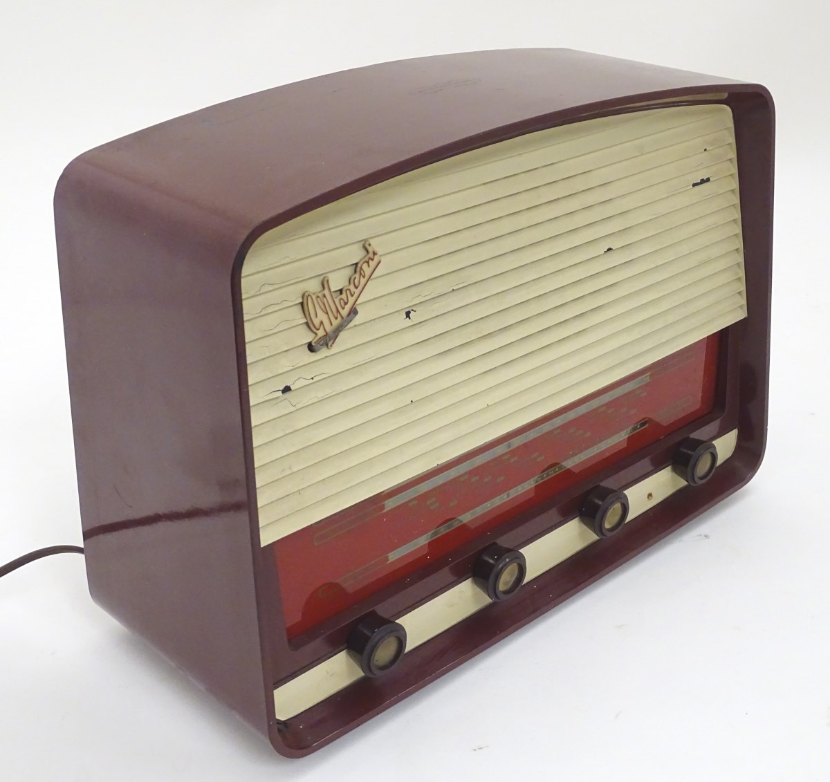 A 1950s / 1960s Marconi Marconiphone T69DA valve radio, with burgundy cover and white detail, - Image 4 of 6