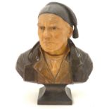 A 19thC carved wooden bust of a Sicilian fisherman on a squared tapering socle. Approx.