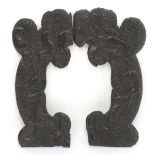 A pair of 19th/20thC carved wooden black forest style friezes / crestings decorated with hunting