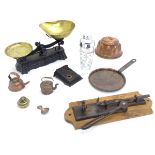 A quantity of assorted 19thC and later kitchenalia to include Pike & Elliman balance scales with