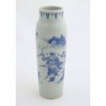 A Chinese blue and white vase of narrow form, depicting figures in a stylised landscape. Approx.