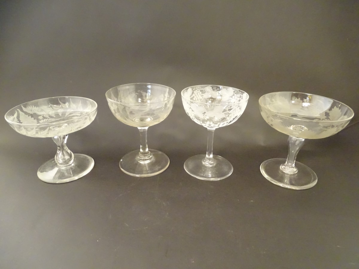 Assorted 19thC / early 20thC glassware including pedestal glasses with etched decoration etc - Image 4 of 7