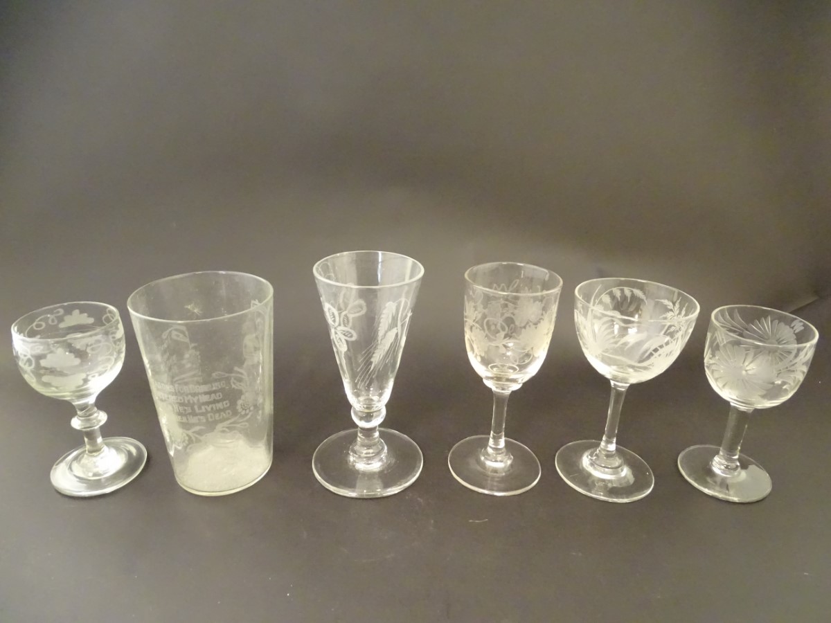 Assorted 19thC / early 20thC glassware including pedestal glasses with etched decoration etc - Image 6 of 7