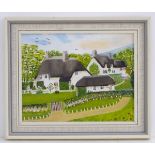 G. Calis, XX, Continental School, Oil on card, A naive village scene with cottages and gardens.