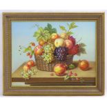 Tom Caspers, XX, Oil on canvas laid on board, Still life of fruit in a basket on a table,